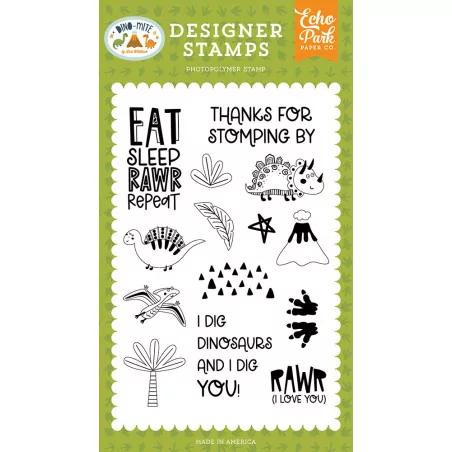 SCRAPBOOKING : 14 Tampons transparents 'Echo Park Paper - Dino-Mite' Eat Sleep Rawr