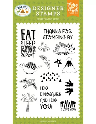 SCRAPBOOKING : 14 Tampons transparents 'Echo Park Paper - Dino-Mite' Eat Sleep Rawr